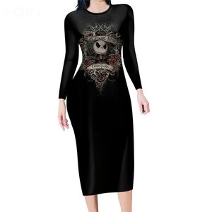 Noisydesigns Fashion Women Sexy Long Sleeves Dress Nightmare Before Christmas Printing Vinatge Casual Bodycon Maxi Club Vestidos 220627