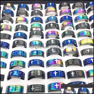 Pierścienie zespołowe biżuteria 30pcs Pierścień krzyżowy męskie damski Jezus Bog Christ Delicate Mticolor Black Blue Stal nierdzewna marka Je dhws4