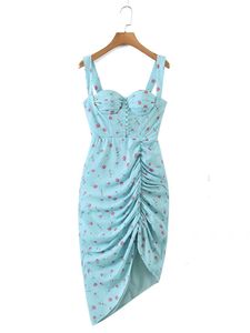 Yenkye Fashion Women Strap非対称のドローストリングスリットセクシーなドレス甘い花柄の夏の女性シフォンローブ220516