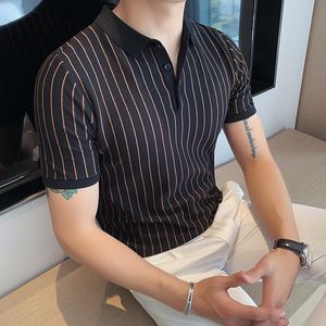 Erkekler Polos İngiliz tarzı yaz dikey çizgileri erkek gömlek kısa kollu ince fit yakalı streç örme tişört artı boyut 4xl-mmen'in erkek