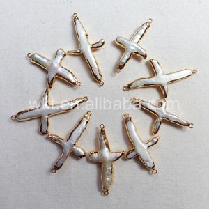 Pendanthalsband WT-C095 30 40mm Cross Shape Freshwater Pearl Charm Raw in 24k Gold Trim for Jewelry Making Pendant