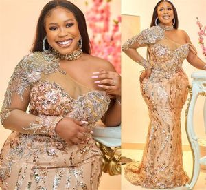 ASO EBI 2022 ARABIC PLUS SIZE GOLD MERMAID SPARCLY FEAVING DRELSES BEDEDED SEXY PROM PROM Party Party الثانية