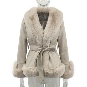 2022 Winter Faux Fur PU Leather Short Jackets Women Fashion Coats Elegant Pockets Thick Warm Female Jackets + Belt For Mother's Days Gift