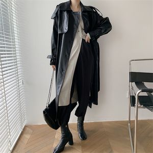 Coreia Designer Runway Fall Autumn Leather Maxi Long Trench Coat With Belt Chic Windbreaker Classic 220804