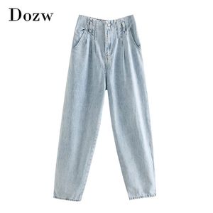 Light Blue Color Paperbag Pants Jeans Women Pleated Loose Casual Cowboy Lady Back Elastic Waist Long Trousers 210515