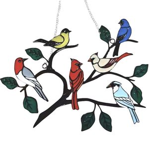 Decorative Objects & Figurines Multicolor Birds On Branches Stained Suncatcher Creative Glass Window Hangings Panel Home Decoration Accessor