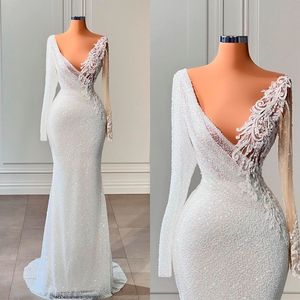 Sexig Lace Mermaid Evening Dresses Deepl V Neck Full Sleeve Party Gowns Custom Made Sequined Applique Floor Lengthl Prom Dress