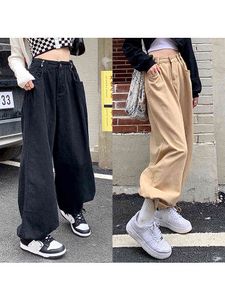 2022 Sonbahar Kadın Vintage Düz Renk Yüksek Bel Geniş Borular Kot Sokak Giyim Ayarlanabilir Kemer Drawstring Vintage Denim Pants L220726