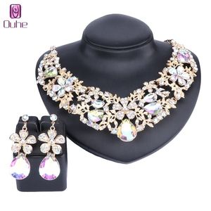 Women Bridal Rhinestone Crystal Teardrop Wedding Statement Necklace Earring Collar Boho Jewelry Sets For Brides Formal Dress