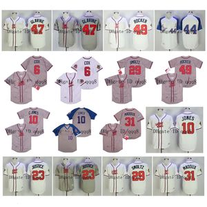 Na85 1995 Vintage Jersey Bobby Cox Chipper Jones Atlanta David Justice John Smoltz Tom Glavine Maddux Hank Aaron Teheran White Grey MN Baseball