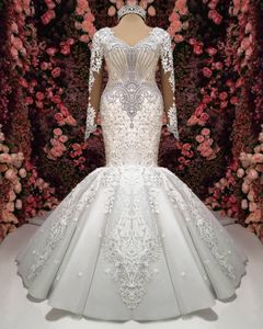 Luxus Arabisch Dubai Kristall Meerjungfrau Hochzeit Kleid 2022 Lange Ärmel Spitze Applikationen Handgemachte 3D floral Brautkleider Robe De Mari￩e
