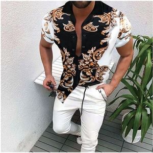 Sprzedaż Europejski Amerykański Odzież męska Casual Moda Drukowana Koszula Single-Breasted Cardigan Krótki Rękaw Mężczyźni 220322