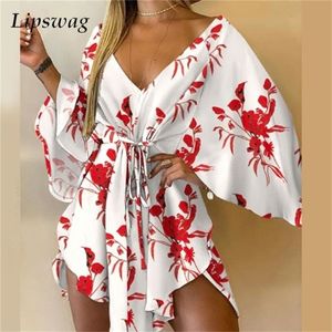 Sexy V-Neck Women Mini Dress Casual Leaf Leopard Print Harajuku Batwing Sleeve Dress Lady Elegant Lace-Up Irregular Party Dress 220406