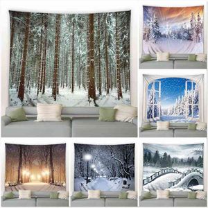 Winterwaldlandschaft Wandteppich Weiße Schneeflocke Weihnachtsbaum Granaten Hängende Decke Wohnzimmer Schlafzimmer Wohnheim Dekoration Vorhang J220804