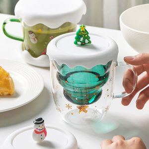 Värmebeständig dubbellager Glasögon Drinkware eftermiddagste muggar snöflinga lock xtmas träd med handtag frukost havregryn mjölk kopp kaffekoppar julklapp yf0001