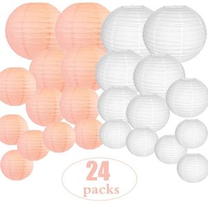 24-teiliges Set, 15,2 cm, 30,5 cm, pfirsichfarbene chinesische Papierlaterne, verschiedene Größen, Farbe Weiß, Lampion für Hochzeiten, Partys im Freien, Hängedekoration 220527