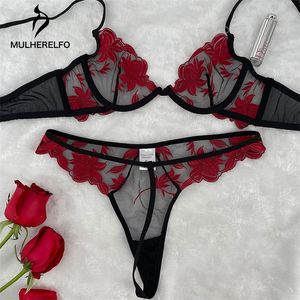 Mulherelfo Flower Embroidery下着女性セクシーなレースランジェリー女性アンダーワイヤーブラジャーブリーフセットメッシュパッチワーク官能的なランジェリー220513