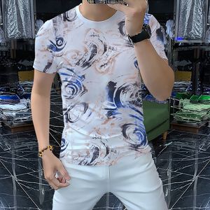 2022 Summer New Men's T-Shirts Mercerized Cotton Full Thread Digital Printing Design Personalized Trend Short Sleeve Round Neck Slim Blue Orange Tees M-4XL