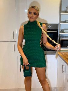 Stunning Stacked Mini Bodycon Party Dress Women Green Mock Neck Sleeveless Draw String Sexy Night Clubwear Female Skirt 220418