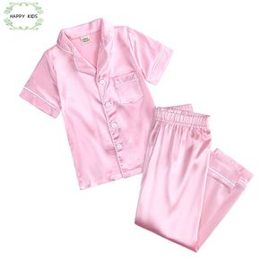 Kid unisex pijama set meninas meninos seda cetim nightwear todder manga longa 2 peça clasic button-down sleepwear para 1-13years 220421