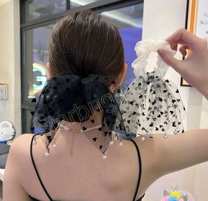 Love Polka Dot Ribbon Scrunchies per le donne Ciondolo di perle Fiocco Corda per capelli Nappa Maglia Tulle Anello per capelli Pizzo Filato netto Fascia per capelli elastica