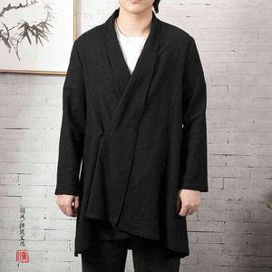 Trench da uomo lungo stile cinese Giacca a vento Hanfu Coat Uomo Vintage Kimono Robes Kung Fu Cardigan Maschile Giacche di cotone e lino L220706