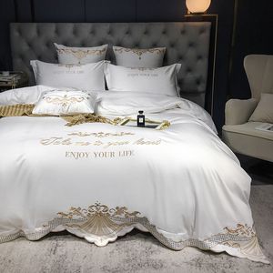 Luxury White 600tc Egyptian Cotton Royal Brodery Bedding Set Däcke Cover Bed Sheet Bed Linen Pillow Cases 4st #L 210309