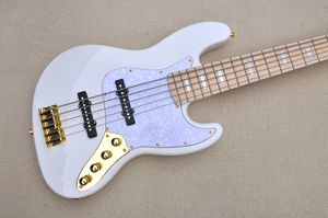 Factory Custom White 5-String Electric Bass Guitar med Maple Fingerboard White Block fret Inlay Pearl PickGuard Gold Hardware Offer Anpassad