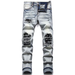 Ripped Patch Jeans Pants Men Slim Fit High Quality Design Straight Biker Big Size Motocycle Men's Hip Hop Trousers For Male 28-42 Black Blue