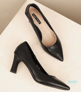 Dress Shoes Fashion Heels Autumn Women Genuine Leather High Pointed Toe Pumps Party Black Office Work