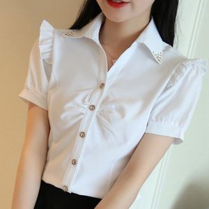 Damenblusen Hemden koreanische Stil Rüsche Kurzarm Niete Kragenknopf Pluig -Size Office Tops Puff weiß blau Bluse Frauen C504