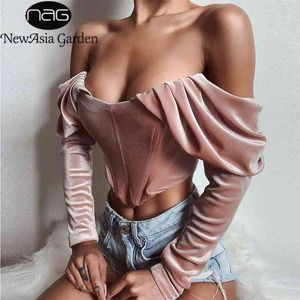 Asia Boning Corsetto Camicia Camicetta di velluto Donna Autunno Vintage Manica lunga Increspato Off spalla Corsetto Top Donna Camicia sexy 210401