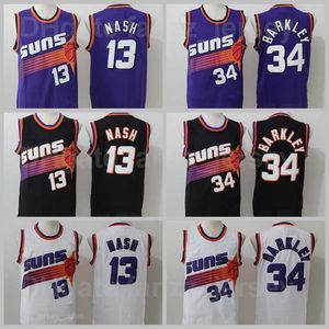 Man Retro Steve Nash Jersey 13 Basquete Vintage Charles Barkley 34 Bordado de cor de cor púrpura preta Bordado de cor e costura de alta qualidade respirável