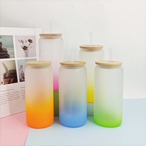 Sublimation 12oz 16oz Clear Glass Tumbler Juice Can Personalized Coffee Mug with Bamboo Lid Plastic Straw Cup Frosted Water Cup colorful