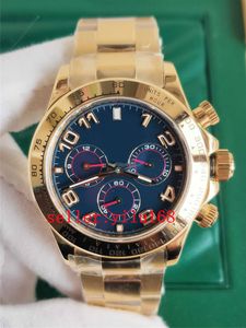 Box Mens Watch BP F 18K Yellow Gold 40mm Cosmograph Swiss Eta 7750 Automatisk rörelse Kronograf Blue Ratten med arabiska siffror Blue Mirror Numbers Watches