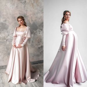 Vintage Prom Dresses dla kobiet w ciąży 2022 Elegancka panna młoda Maternity Photoshoot Sukienka z rękawami Jedwabne Satin Baby Shower Suknie