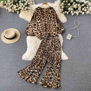 Casual Fashion Pieces Set Ladys Elegant Loose Vintage Leopard Print Top Pleated Wide Leg Pants Suits New Spring Fall 2022 T220729