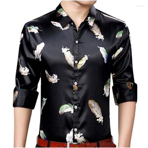 Men's Dress Shirts Ice Silk Sexy Mens Top Quality Drape Feather Print Slim Harajuku Longsleeve Shirt For Men Shitrs StreetwearMen's Vere22