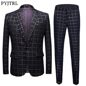 PYJTRL Merk Mannelijke Plaid Gouden Bloemen Patroon Slim Fit Heren Pakken Met Broek Bruiloft Bruidegom Tuxedo Zanger Kostuum 201106