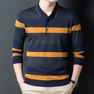 YMWMHU Moda Erkekler Polo Gömlek Uzun Kollu Düğme Yaka Sonbahar Ve Kış Tshirt Çizgili Slim Fit Giyim Kore Polo Gömlek 220402