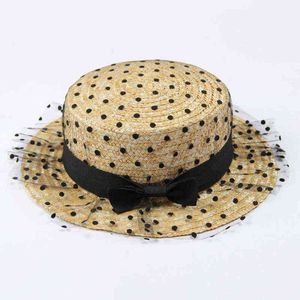 Lace Lady Sun Caps Ribbon Bow Round Flat Top Straw Beach Hat Panama Hat Sommarhattar för Kvinnor Halmhattar Snapback Gorras G220301