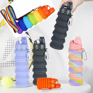 Foldable 16oz Rainbow Silicon 500ml Water Bottles Outdoor Creative Telescopic Portable Water Bottle Leakproof Sports Cup with Strap sxjul20