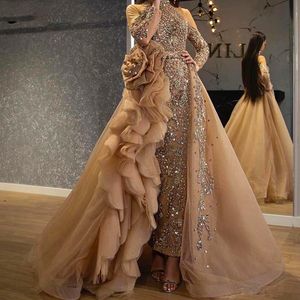 Gold Mermaid Glitter Evening Dresses High Waist Halter Long Sleeves Open Back Floor Length Sparkling Beaded Appliques Sequins Prom Dress Vestidos Festa