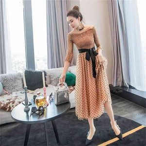 Dress temperament clothes ladies women s polka dot five point sleeves Sheath Office Lady Mesh Polyester 210416