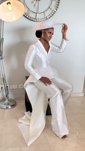 Long Sleeve Stain Jumpsuit Wedding Dresses with Peplum Train 2022 Arabic Aso Ebi Simple Bridal Dress Pant Suit