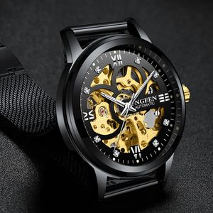 新しいfngeen Men Mechanical Watch Luxury Skeleton Automatic Watchesステンレス鋼メッシュストラップメンズリストウォッチRelogio Luminous