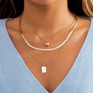 Vintage Multi Layered Flat Snake Chain Choker Necklaces Small Ball Square Pendant Necklaces for Women Neck Jewelry