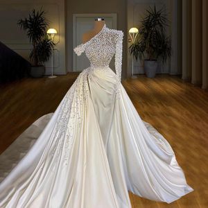 Elegant One-Shoulder Mermaid Wedding Dress with Pearls, Beaded Illusion Satin Sleeve & Overskirt in Plus Size