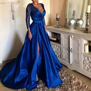 Elegant kunglig blå långärmad prom klänningar med avtagbar kjol spets topp v-nacke formella kvällsklänningar kvinnor sopa tåg slits satin speciell tillfälle klänning