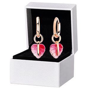 Creolen-Ohrring mit Blatt-Anhänger für Damen, rosafarbener Stein, Original-Box-Set für authentische 925er-Silber-Ohrstecker von Pandora, Rosegold, Kreis-Hochzeit